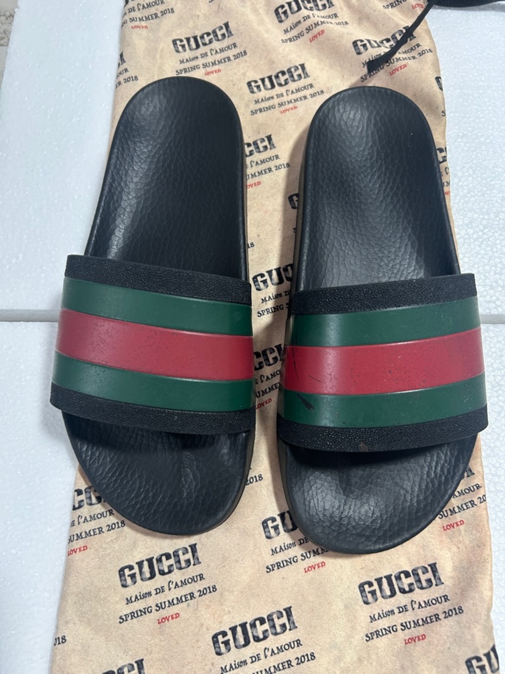 Gucci Black Slides with Red and Green Web Stripe
